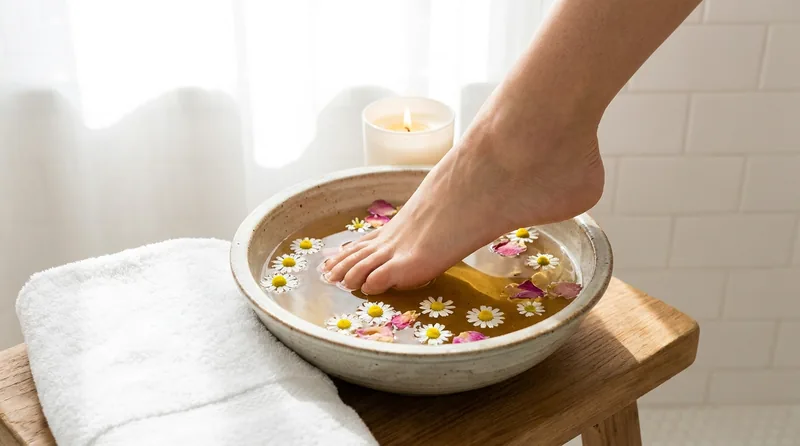 Fuß in einem warmen Fußbad als Selbsthilfe bei Nagelbettentzündung