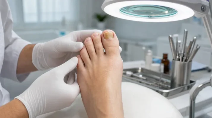 Podologin untersucht einen Fußnagel mit Nagelpilz in der Praxis