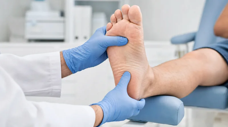 Schmerzen Fußsohle Untersuchung: Podologe tastet Fußgewölbe und Plantarfaszie ab