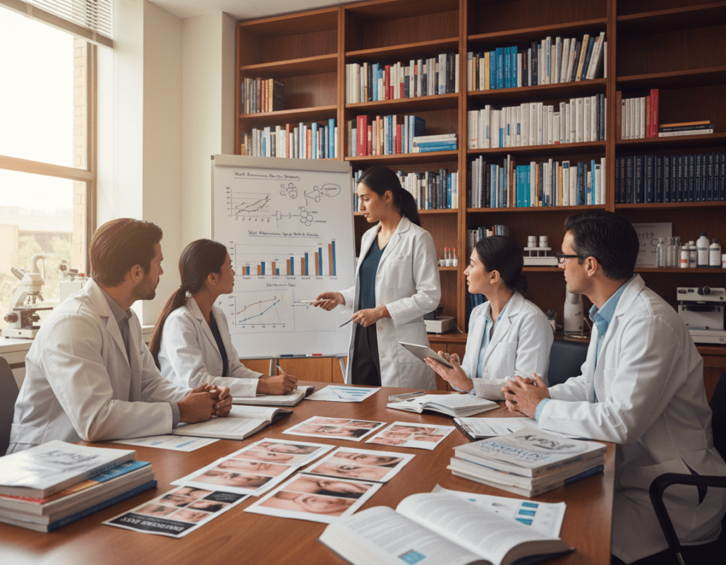 A clinical research setting showcases a diverse group of researchers in professional attire, deeply engaged in discussing findings from recent studies on wart treatments. In the foreground, a table is cluttered with medical journals, charts, and images detailing wart removal methods. In the middle, a large whiteboard displays graphs and diagrams illustrating scientific data, while a researcher points to one of the graphs. The background features shelves filled with medical books and equipment, softly lit by natural light streaming through a window. The atmosphere is focused and analytical, conveying a sense of professionalism and dedication to health sciences, with a clear emphasis on scientific inquiry into effective wart treatments. A clinical research setting showcases a diverse group of researchers in professional attire, deeply engaged in discussing findings from recent studies on wart treatments. In the foreground, a table is cluttered with medical journals, charts, and images detailing wart removal methods. In the middle, a large whiteboard displays graphs and diagrams illustrating scientific data, while a researcher points to one of the graphs. The background features shelves filled with medical books and equipment, softly lit by natural light streaming through a window. The atmosphere is focused and analytical, conveying a sense of professionalism and dedication to health sciences, with a clear emphasis on scientific inquiry into effective wart treatments.