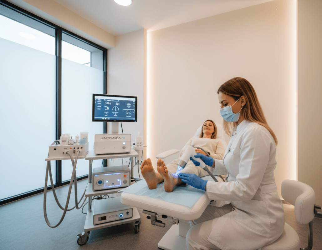 A clinical setting of a Kaltplasma therapy room showing a detailed treatment process for toenail fungus. In the foreground, a professional healthcare practitioner in a white lab coat uses a handheld cold plasma device on a patient’s foot, both appearing relaxed and in a sterile environment. In the middle ground, display various medical equipment and tools related to Kaltplasma therapy, including a digital monitor displaying treatment parameters. The background should show soft, diffused lighting illuminating the room, with neutral-colored walls and a soothing atmosphere. The angle is slightly elevated to capture the interaction and equipment effectively, conveying a sense of professionalism and hope in the healing process. A clinical setting of a Kaltplasma therapy room showing a detailed treatment process for toenail fungus. In the foreground, a professional healthcare practitioner in a white lab coat uses a handheld cold plasma device on a patient’s foot, both appearing relaxed and in a sterile environment. In the middle ground, display various medical equipment and tools related to Kaltplasma therapy, including a digital monitor displaying treatment parameters. The background should show soft, diffused lighting illuminating the room, with neutral-colored walls and a soothing atmosphere. The angle is slightly elevated to capture the interaction and equipment effectively, conveying a sense of professionalism and hope in the healing process.