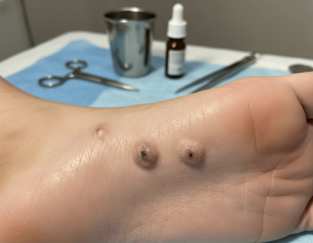 A close-up view of a foot sole displaying a few wart blemishes on healthy skin. The foreground focuses on the textured surface of the sole, capturing the round, raised wart formations with fine detail, showcasing their uneven edges. The middle ground includes subtle shadows and highlights, demonstrating the contours of the foot and the natural curvature of the arch. The background is softly blurred, featuring a clinical setting with medical tools subtly arranged, hinting at the context of treatment. The lighting is warm and inviting, emanating from the side to create a gentle emphasis on the warts, adding a sense of awareness rather than alarm. The composition should evoke a professional yet approachable mood, perfect for educational context without overwhelming the viewer. A close-up view of a foot sole displaying a few wart blemishes on healthy skin. The foreground focuses on the textured surface of the sole, capturing the round, raised wart formations with fine detail, showcasing their uneven edges. The middle ground includes subtle shadows and highlights, demonstrating the contours of the foot and the natural curvature of the arch. The background is softly blurred, featuring a clinical setting with medical tools subtly arranged, hinting at the context of treatment. The lighting is warm and inviting, emanating from the side to create a gentle emphasis on the warts, adding a sense of awareness rather than alarm. The composition should evoke a professional yet approachable mood, perfect for educational context without overwhelming the viewer.