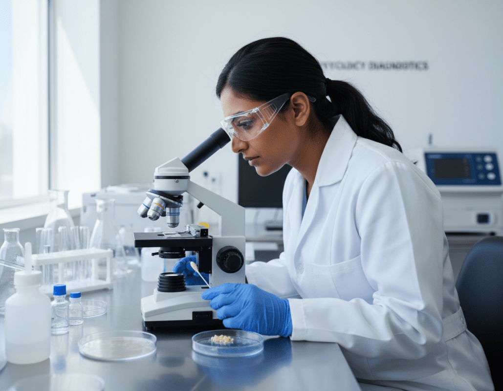 A close-up view of a laboratory setting focused on a nail fungal diagnosis process, showcasing a medical professional in a white lab coat, examining a nail swab under a microscope. The foreground features the microscope with the swab carefully placed next to it, emphasizing the diagnostic tools used. In the middle, the lab technician is engaged in focused observation, wearing glasses and gloves, highlighting professionalism. The background is filled with softly blurred lab equipment, showcasing a clean, sterile environment with bright, natural lighting to convey clarity and precision. The atmosphere is serious and clinical, invoking a sense of trust and expertise in medical diagnostics. A close-up view of a laboratory setting focused on a nail fungal diagnosis process, showcasing a medical professional in a white lab coat, examining a nail swab under a microscope. The foreground features the microscope with the swab carefully placed next to it, emphasizing the diagnostic tools used. In the middle, the lab technician is engaged in focused observation, wearing glasses and gloves, highlighting professionalism. The background is filled with softly blurred lab equipment, showcasing a clean, sterile environment with bright, natural lighting to convey clarity and precision. The atmosphere is serious and clinical, invoking a sense of trust and expertise in medical diagnostics.