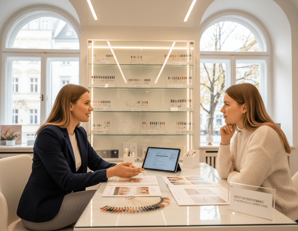 A close-up view of an elegant consultation room in a Berlin nail prosthetics clinic. In the foreground, a professional technician, dressed in smart business attire, discusses with a client, who is attentively listening. Both are seated at a sleek, modern desk cluttered with color samples and brochures about nail prosthetics. The middle ground features a well-organized display of various nail prosthetics, showcasing different styles and options. In the background, soft, ambient lighting illuminates the room, with large windows letting in natural light, creating a welcoming atmosphere. The overall mood feels informative and professional, ideal for discussing cost transparency and personal consultations in nail reconstruction. A close-up view of an elegant consultation room in a Berlin nail prosthetics clinic. In the foreground, a professional technician, dressed in smart business attire, discusses with a client, who is attentively listening. Both are seated at a sleek, modern desk cluttered with color samples and brochures about nail prosthetics. The middle ground features a well-organized display of various nail prosthetics, showcasing different styles and options. In the background, soft, ambient lighting illuminates the room, with large windows letting in natural light, creating a welcoming atmosphere. The overall mood feels informative and professional, ideal for discussing cost transparency and personal consultations in nail reconstruction.