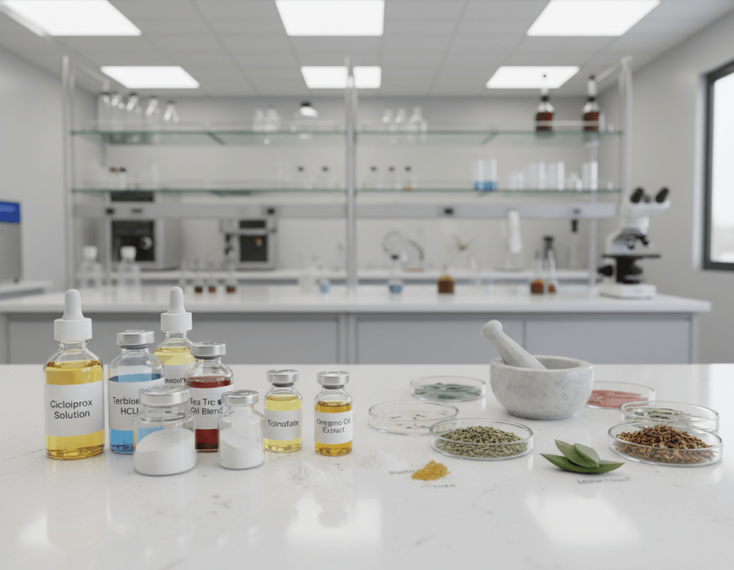 A close-up view of effective antifungal treatment ingredients for nail fungus. In the foreground, display well-organized vials of various therapeutic compounds like ciclopirox, terbinafine, and essential oils, artistically arranged on a sleek, clean laboratory table. In the middle, show a visually appealing spread of natural and synthetic substances with labels, including a small mortar and pestle. The background features a blurred, clinical setting that suggests a professional atmosphere, with soft, diffused lighting to create a calm and reassuring mood. Use a shallow depth of field to draw attention to the foreground elements while maintaining a sense of context. The overall composition should inspire trust and convey a sense of scientific efficacy. A close-up view of effective antifungal treatment ingredients for nail fungus. In the foreground, display well-organized vials of various therapeutic compounds like ciclopirox, terbinafine, and essential oils, artistically arranged on a sleek, clean laboratory table. In the middle, show a visually appealing spread of natural and synthetic substances with labels, including a small mortar and pestle. The background features a blurred, clinical setting that suggests a professional atmosphere, with soft, diffused lighting to create a calm and reassuring mood. Use a shallow depth of field to draw attention to the foreground elements while maintaining a sense of context. The overall composition should inspire trust and convey a sense of scientific efficacy.