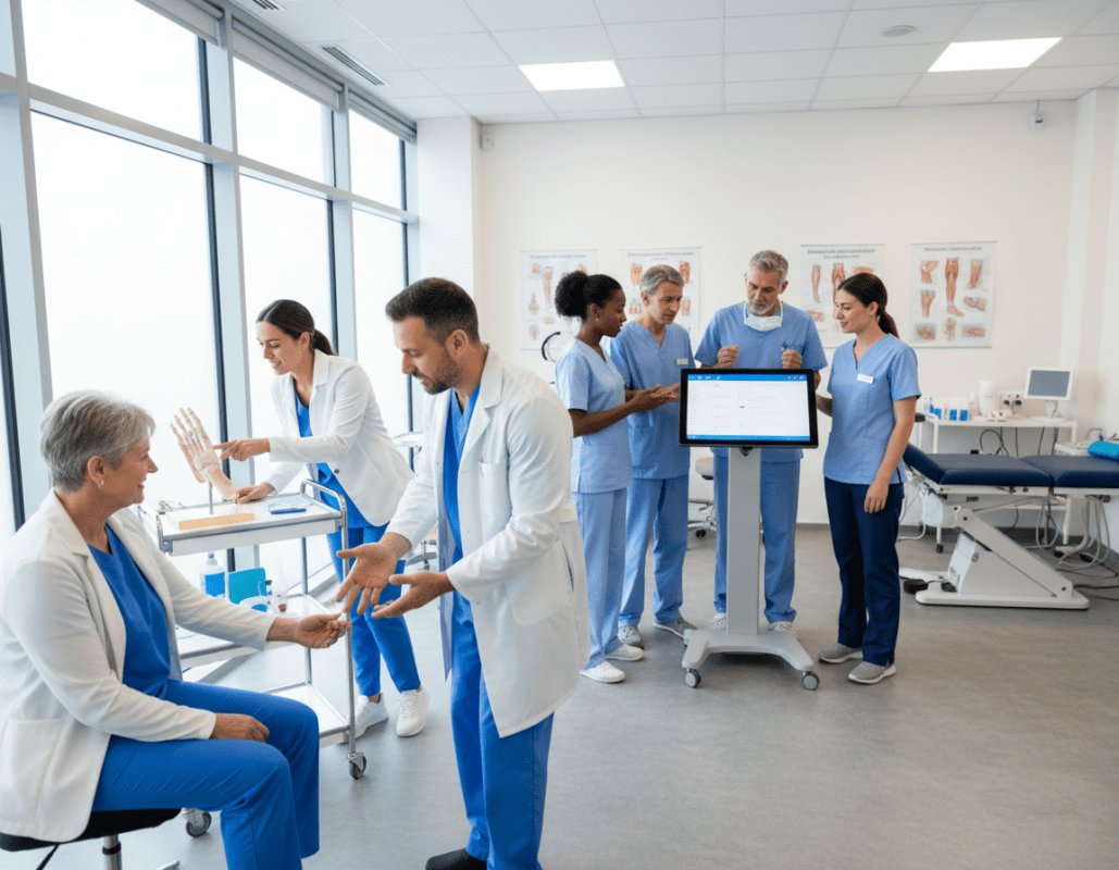 A collaborative podiatry team in a bright, modern clinic, showcasing interprofessional teamwork. In the foreground, a podiatrist in professional attire, gently examining a patient's foot while discussing treatment options with a physical therapist, also dressed in business attire. In the middle ground, diverse healthcare professionals, including a diabetic nurse and an orthopedic specialist, engage in a lively discussion around a digital tablet displaying patient data. The background features medical posters, a well-equipped treatment area, and warm, natural lighting filtering through large windows, creating an inviting and professional atmosphere. The scene captures a sense of unity and shared purpose, emphasizing the importance of interdisciplinary collaboration in podiatry. A collaborative podiatry team in a bright, modern clinic, showcasing interprofessional teamwork. In the foreground, a podiatrist in professional attire, gently examining a patient's foot while discussing treatment options with a physical therapist, also dressed in business attire. In the middle ground, diverse healthcare professionals, including a diabetic nurse and an orthopedic specialist, engage in a lively discussion around a digital tablet displaying patient data. The background features medical posters, a well-equipped treatment area, and warm, natural lighting filtering through large windows, creating an inviting and professional atmosphere. The scene captures a sense of unity and shared purpose, emphasizing the importance of interdisciplinary collaboration in podiatry.