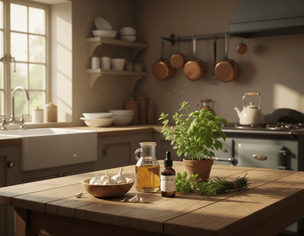 A cozy, rustic kitchen setting bathed in warm, soft natural light, featuring a wooden table. In the foreground, an assortment of natural remedies for nail fungus: bowls of garlic, apple cider vinegar, tea tree oil, and fresh herbs like oregano and rosemary, artfully arranged. In the middle ground, a small potted plant beside the remedies adds a touch of greenery, while a gentle sunlight streams through a nearby window, casting delicate shadows on the table. The background hints at vintage kitchenware, enhancing the homey atmosphere. The scene conveys a sense of tranquility and wellness, inviting the viewer to explore holistic approaches to health. The composition should be inviting and soothing, with a focus on natural elements, evoking a feeling of nurturing and care. A cozy, rustic kitchen setting bathed in warm, soft natural light, featuring a wooden table. In the foreground, an assortment of natural remedies for nail fungus: bowls of garlic, apple cider vinegar, tea tree oil, and fresh herbs like oregano and rosemary, artfully arranged. In the middle ground, a small potted plant beside the remedies adds a touch of greenery, while a gentle sunlight streams through a nearby window, casting delicate shadows on the table. The background hints at vintage kitchenware, enhancing the homey atmosphere. The scene conveys a sense of tranquility and wellness, inviting the viewer to explore holistic approaches to health. The composition should be inviting and soothing, with a focus on natural elements, evoking a feeling of nurturing and care.