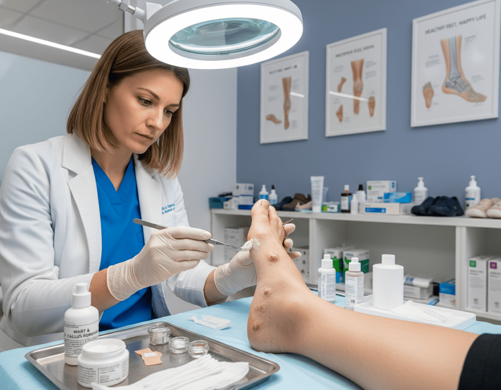 A detailed medical examination scene focused on the treatment of warts and cracks on feet. In the foreground, a skilled podiatrist, dressed in professional medical attire, examines a patient's foot under bright clinical lights, showcasing a variety of treatment tools like creams and instruments. The middle layer features a close-up of a foot with visible warts and cracks, demonstrating the treatment process. The background shows a well-organized podiatry clinic with posters about foot health, shelves of medical supplies, and calming colors to enhance the atmosphere. The lighting is bright and clinical, emphasizing the professionalism of the setting while creating a clean, reassuring mood for viewers. A detailed medical examination scene focused on the treatment of warts and cracks on feet. In the foreground, a skilled podiatrist, dressed in professional medical attire, examines a patient's foot under bright clinical lights, showcasing a variety of treatment tools like creams and instruments. The middle layer features a close-up of a foot with visible warts and cracks, demonstrating the treatment process. The background shows a well-organized podiatry clinic with posters about foot health, shelves of medical supplies, and calming colors to enhance the atmosphere. The lighting is bright and clinical, emphasizing the professionalism of the setting while creating a clean, reassuring mood for viewers.