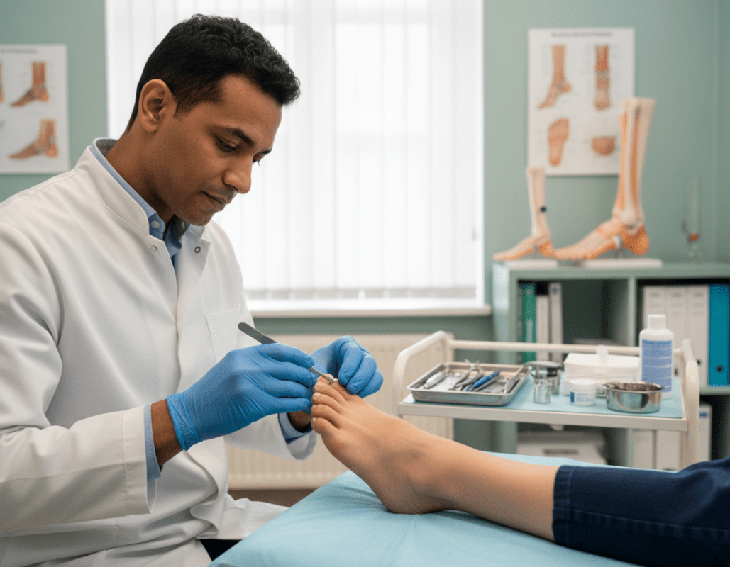 A detailed view of a podiatrist's clinic focusing on the "Korrekturspangen" treatment. In the foreground, a close-up of a skilled podiatrist, a diverse male wearing a white lab coat and gloves, carefully applying a correction bracket to a patient's foot with precision tools. The middle ground features a neatly organized treatment area with medical instruments and a soothing color palette, creating a calming environment. In the background, soft natural lighting filters through a window, illuminating shelves filled with educational models and books on foot care. The atmosphere is professional yet empathetic, encapsulating the balance of medical expertise and compassionate patient care. The lens focuses sharply on the hands working delicately, with a warm, welcoming ambiance enhancing the scene. A detailed view of a podiatrist's clinic focusing on the "Korrekturspangen" treatment. In the foreground, a close-up of a skilled podiatrist, a diverse male wearing a white lab coat and gloves, carefully applying a correction bracket to a patient's foot with precision tools. The middle ground features a neatly organized treatment area with medical instruments and a soothing color palette, creating a calming environment. In the background, soft natural lighting filters through a window, illuminating shelves filled with educational models and books on foot care. The atmosphere is professional yet empathetic, encapsulating the balance of medical expertise and compassionate patient care. The lens focuses sharply on the hands working delicately, with a warm, welcoming ambiance enhancing the scene.