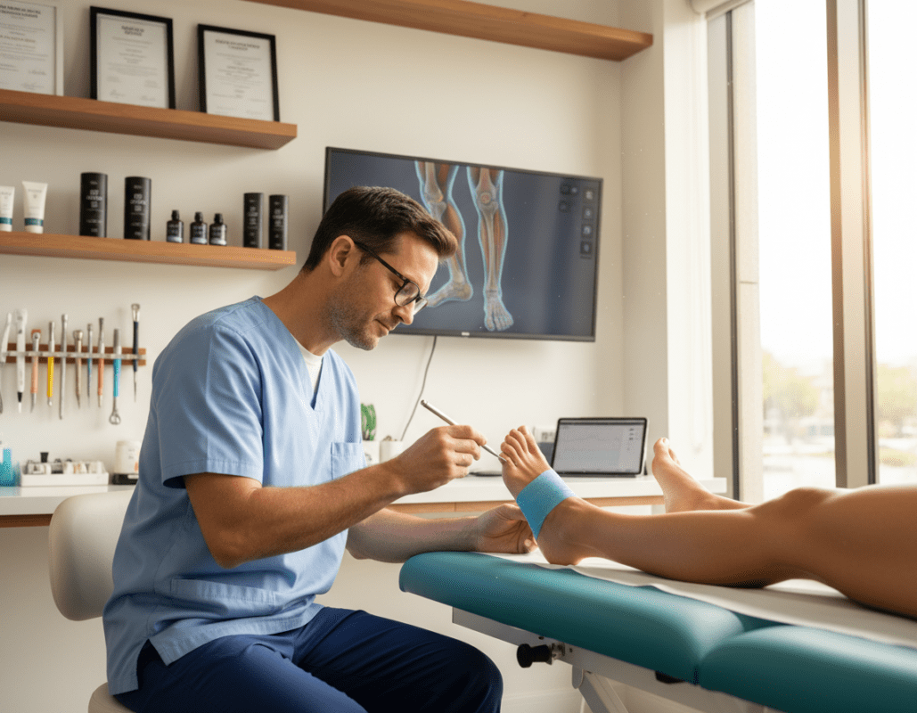 A focused scene inside a modern podiatry clinic, showcasing a podiatrist in professional attire carefully examining the feet of an athlete. The podiatrist, a middle-aged man with short brown hair and glasses, uses specialized tools, emphasizing individualized therapy. In the foreground, a pair of athletic feet rests on a clean, white examination table, painted in fresh colors. The middle ground features medical charts and a therapy screen displaying foot anatomy. Bright, natural light streams in through large windows, creating a warm, empathetic atmosphere. In the background, shelves filled with foot care products and certificates adorn the clinic, highlighting professionalism and expertise. The overall mood conveys compassion and dedication in sports therapy. A focused scene inside a modern podiatry clinic, showcasing a podiatrist in professional attire carefully examining the feet of an athlete. The podiatrist, a middle-aged man with short brown hair and glasses, uses specialized tools, emphasizing individualized therapy. In the foreground, a pair of athletic feet rests on a clean, white examination table, painted in fresh colors. The middle ground features medical charts and a therapy screen displaying foot anatomy. Bright, natural light streams in through large windows, creating a warm, empathetic atmosphere. In the background, shelves filled with foot care products and certificates adorn the clinic, highlighting professionalism and expertise. The overall mood conveys compassion and dedication in sports therapy.