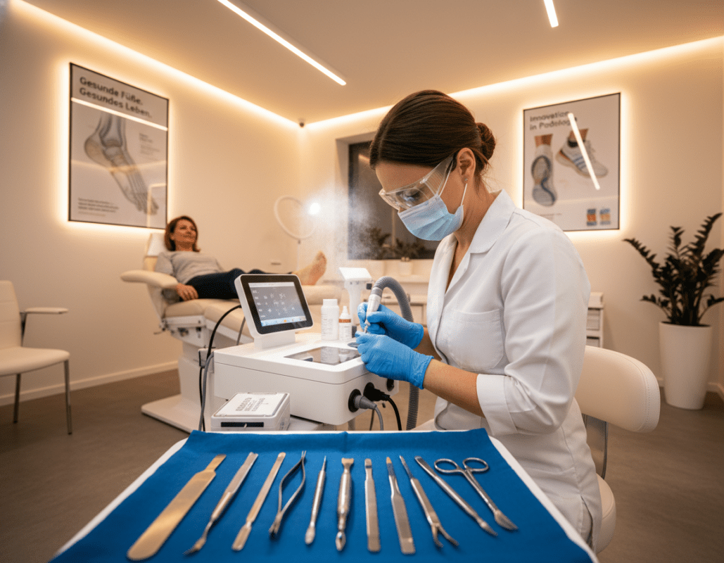 A modern podiatry clinic interior featuring a professional foot care treatment setup. In the foreground, a trained podiatrist, dressed in a clean, white lab coat, gently performs a state-of-the-art hornhautentfernung (callus removal) treatment on a patient’s foot, using advanced equipment. The podiatrist’s focused expression conveys expertise and care. In the middle ground, high-tech instruments and sterilized tools are neatly arranged on a blue medical tray, emphasizing hygiene and professionalism. The background showcases soft, warm lighting that creates a calm atmosphere, with contemporary medical posters on the walls promoting foot health. The angle captures an overall sense of innovation and trust in modern podological practices. A modern podiatry clinic interior featuring a professional foot care treatment setup. In the foreground, a trained podiatrist, dressed in a clean, white lab coat, gently performs a state-of-the-art hornhautentfernung (callus removal) treatment on a patient’s foot, using advanced equipment. The podiatrist’s focused expression conveys expertise and care. In the middle ground, high-tech instruments and sterilized tools are neatly arranged on a blue medical tray, emphasizing hygiene and professionalism. The background showcases soft, warm lighting that creates a calm atmosphere, with contemporary medical posters on the walls promoting foot health. The angle captures an overall sense of innovation and trust in modern podological practices.