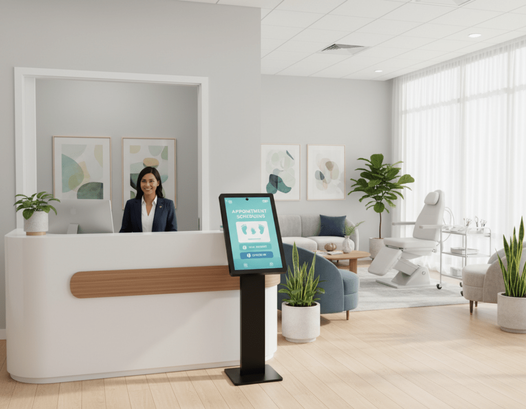 A modern podiatry clinic interior, featuring a welcoming reception area with a friendly receptionist at a sleek front desk, dressed in professional attire. In the foreground, a digital screen displays an easy-to-use interface for appointment scheduling. The middle ground showcases comfortable seating for patients, with soothing color tones and relaxing decor, including plants and art on the walls. In the background, a treatment room is visible, equipped with podiatry tools and equipment, hinting at patient care. Soft, natural lighting floods the space from large windows, creating a calm and inviting atmosphere. The overall mood is professional yet warm, highlighting the importance of service and patient information from booking appointments to aftercare. A modern podiatry clinic interior, featuring a welcoming reception area with a friendly receptionist at a sleek front desk, dressed in professional attire. In the foreground, a digital screen displays an easy-to-use interface for appointment scheduling. The middle ground showcases comfortable seating for patients, with soothing color tones and relaxing decor, including plants and art on the walls. In the background, a treatment room is visible, equipped with podiatry tools and equipment, hinting at patient care. Soft, natural lighting floods the space from large windows, creating a calm and inviting atmosphere. The overall mood is professional yet warm, highlighting the importance of service and patient information from booking appointments to aftercare.