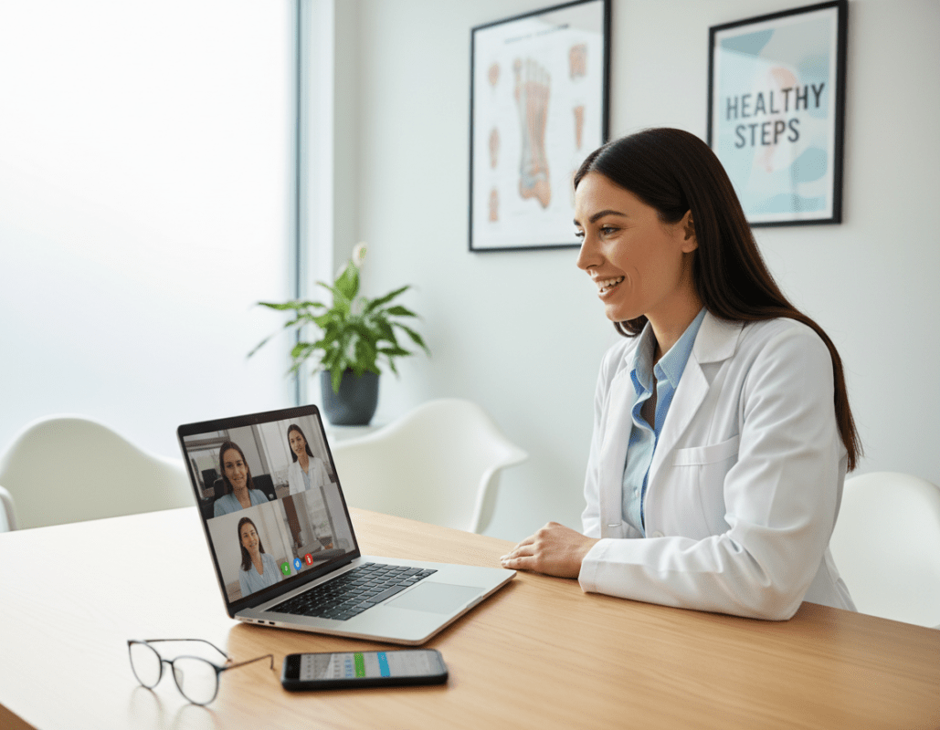 A modern podiatry clinic setting, focusing on the themes of appointment scheduling and virtual consultations. In the foreground, an elegant wooden desk with a laptop open displaying a video call interface, alongside a smartphone showing an appointment calendar. In the middle ground, a well-dressed podiatrist in professional attire, attentively engaging in a video consultation through the laptop, with a warm and inviting facial expression. The background features soothing medical decor, such as foot care charts and clean, minimalist furnishings. Soft, natural lighting filters through a window, creating a calm and professional atmosphere. The overall mood conveys efficiency, care, and accessibility in foot care services. A modern podiatry clinic setting, focusing on the themes of appointment scheduling and virtual consultations. In the foreground, an elegant wooden desk with a laptop open displaying a video call interface, alongside a smartphone showing an appointment calendar. In the middle ground, a well-dressed podiatrist in professional attire, attentively engaging in a video consultation through the laptop, with a warm and inviting facial expression. The background features soothing medical decor, such as foot care charts and clean, minimalist furnishings. Soft, natural lighting filters through a window, creating a calm and professional atmosphere. The overall mood conveys efficiency, care, and accessibility in foot care services.