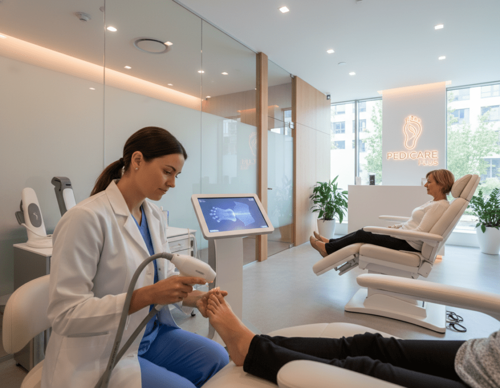 A modern podiatry clinic showcasing advanced techniques in foot care. In the foreground, a skilled podiatrist, dressed in professional attire, is using a state-of-the-art laser device on a patient's foot, highlighting precision and care. The middle ground features high-tech equipment, like a digital foot scanner and ergonomic chairs, indicating innovation in foot therapy. The background is softly lit with warm, inviting colors, enhancing the calm atmosphere of the clinic. Large windows allow natural light to illuminate the space, creating a serene and professional ambiance. The overall mood is clean, sophisticated, and focused on health and wellbeing, emphasizing the application of modern technologies in foot care. A modern podiatry clinic showcasing advanced techniques in foot care. In the foreground, a skilled podiatrist, dressed in professional attire, is using a state-of-the-art laser device on a patient's foot, highlighting precision and care. The middle ground features high-tech equipment, like a digital foot scanner and ergonomic chairs, indicating innovation in foot therapy. The background is softly lit with warm, inviting colors, enhancing the calm atmosphere of the clinic. Large windows allow natural light to illuminate the space, creating a serene and professional ambiance. The overall mood is clean, sophisticated, and focused on health and wellbeing, emphasizing the application of modern technologies in foot care.