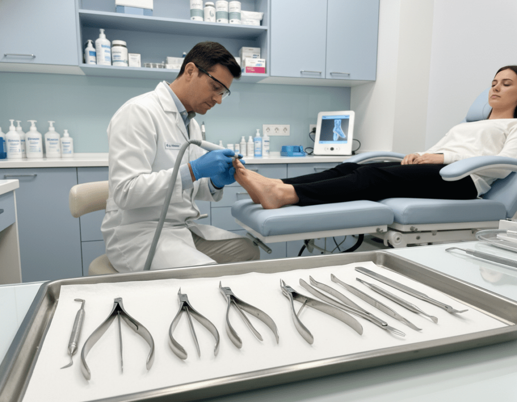 A modern podiatry setting focused on advanced foot care instruments. In the foreground, a sleek stainless steel set of podiatrist tools neatly arranged on a bright, sterile tray. In the middle ground, a professional-looking podiatrist in a clean white lab coat attentively using an electric nail drill on a patient’s foot, both wearing protective footwear and gloves. The background features a well-organized clinical environment with soft, diffused lighting illuminating the workspace, highlighting the instruments and emphasizing cleanliness. The atmosphere reflects professionalism and trust, with a calming color palette of light blues and whites, conveying a sense of safety and modernity in foot care practices. A modern podiatry setting focused on advanced foot care instruments. In the foreground, a sleek stainless steel set of podiatrist tools neatly arranged on a bright, sterile tray. In the middle ground, a professional-looking podiatrist in a clean white lab coat attentively using an electric nail drill on a patient’s foot, both wearing protective footwear and gloves. The background features a well-organized clinical environment with soft, diffused lighting illuminating the workspace, highlighting the instruments and emphasizing cleanliness. The atmosphere reflects professionalism and trust, with a calming color palette of light blues and whites, conveying a sense of safety and modernity in foot care practices.