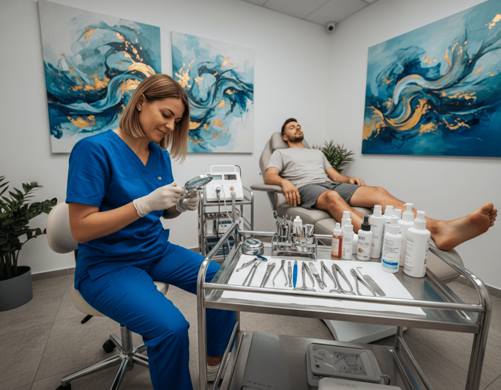 A professional foot treatment setup specifically designed for athletes and dancers. In the foreground, a skilled podiatrist gently examining a client's foot, wearing scrubs and using a magnifying glass. The client, dressed in comfortable athletic wear, appears relaxed and focused. The middle ground features an array of foot care tools arranged neatly on a clean, organized treatment table, along with lotions and specialized equipment for sports injuries. Soft, ambient lighting creates a soothing atmosphere, enhancing the focus on the treatment process. In the background, a subtle hint of a modern, well-equipped clinic with abstract art on the walls, promoting a sense of professionalism and care aimed at athletes and dancers. The composition captures a sense of comfort, expertise, and tranquility. A professional foot treatment setup specifically designed for athletes and dancers. In the foreground, a skilled podiatrist gently examining a client's foot, wearing scrubs and using a magnifying glass. The client, dressed in comfortable athletic wear, appears relaxed and focused. The middle ground features an array of foot care tools arranged neatly on a clean, organized treatment table, along with lotions and specialized equipment for sports injuries. Soft, ambient lighting creates a soothing atmosphere, enhancing the focus on the treatment process. In the background, a subtle hint of a modern, well-equipped clinic with abstract art on the walls, promoting a sense of professionalism and care aimed at athletes and dancers. The composition captures a sense of comfort, expertise, and tranquility.
