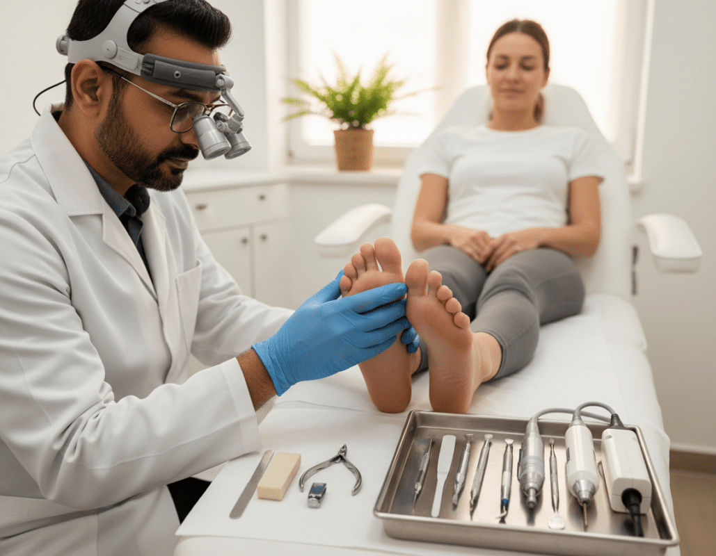 A professional podiatrist in a clean clinic environment, examining a patient's feet, showcasing the differences between a minor foot treatment and a more comprehensive podiatric procedure. In the foreground, focus on the podiatrist, a middle-aged person wearing a white coat, glasses, and gloves, attentively inspecting the foot of a patient in casual yet modest clothing. The middle section features a treatment chair with various podiatric tools neatly arranged, symbolizing the two types of treatments. In the background, soft lighting creates a warm and inviting atmosphere, with subtle greenery, emphasizing a sense of care and professionalism. Use a shallow depth of field to keep the focus on the subject while blurring the background slightly, enhancing the mood of personalized foot care. A professional podiatrist in a clean clinic environment, examining a patient's feet, showcasing the differences between a minor foot treatment and a more comprehensive podiatric procedure. In the foreground, focus on the podiatrist, a middle-aged person wearing a white coat, glasses, and gloves, attentively inspecting the foot of a patient in casual yet modest clothing. The middle section features a treatment chair with various podiatric tools neatly arranged, symbolizing the two types of treatments. In the background, soft lighting creates a warm and inviting atmosphere, with subtle greenery, emphasizing a sense of care and professionalism. Use a shallow depth of field to keep the focus on the subject while blurring the background slightly, enhancing the mood of personalized foot care.