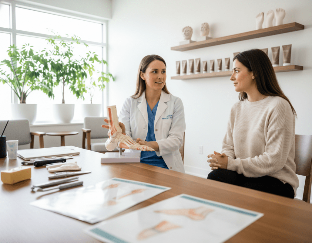 A professional podiatrist in a modern clinic engaging in a personalized consultation with a patient. The podiatrist, dressed in a crisp white coat, examines a foot model on the table, while the patient, wearing modest casual clothing, attentively listens. In the foreground, there’s a close-up view of the consultation setup, highlighting anatomical foot diagrams and treatment tools. The middle ground features a calming, well-lit clinic space with plants and a large window letting in natural light, creating an inviting atmosphere. The background showcases shelves filled with foot care products, emphasizing a focus on health and wellness. The overall mood is reassuring and professional, depicting the importance of tailored treatment plans for foot health. A professional podiatrist in a modern clinic engaging in a personalized consultation with a patient. The podiatrist, dressed in a crisp white coat, examines a foot model on the table, while the patient, wearing modest casual clothing, attentively listens. In the foreground, there’s a close-up view of the consultation setup, highlighting anatomical foot diagrams and treatment tools. The middle ground features a calming, well-lit clinic space with plants and a large window letting in natural light, creating an inviting atmosphere. The background showcases shelves filled with foot care products, emphasizing a focus on health and wellness. The overall mood is reassuring and professional, depicting the importance of tailored treatment plans for foot health.