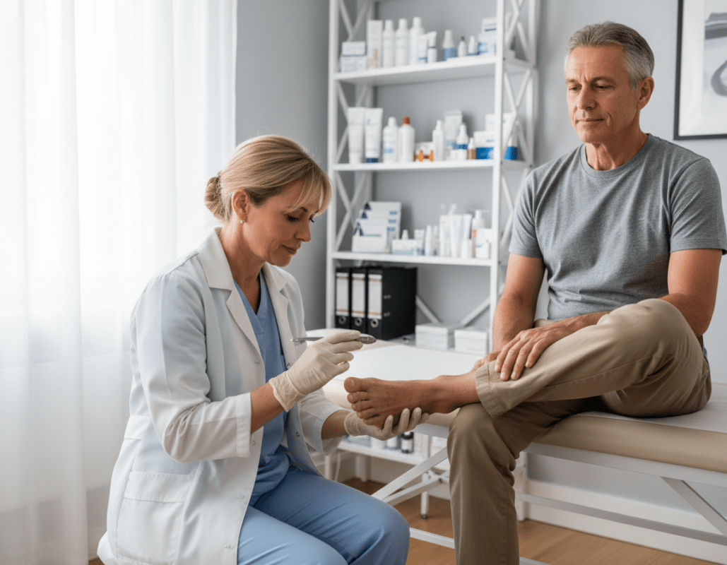 A professional podiatrist in a modern clinic setting is examining a patient's foot on a treatment table. In the foreground, the podiatrist, a middle-aged woman wearing a white lab coat and gloves, is gently inspecting the patient's foot with a focused expression. The patient, a middle-aged man in modest clothing, sits calmly, looking relaxed. In the middle background, shelves filled with various foot treatment equipment, including creams, tools, and charts, create a clinical atmosphere. Soft, natural light filters through a window, casting a warm glow on the scene. The overall mood conveys a sense of care and professionalism, emphasizing the importance of treating common foot problems in a hygienic podiatry practice. A professional podiatrist in a modern clinic setting is examining a patient's foot on a treatment table. In the foreground, the podiatrist, a middle-aged woman wearing a white lab coat and gloves, is gently inspecting the patient's foot with a focused expression. The patient, a middle-aged man in modest clothing, sits calmly, looking relaxed. In the middle background, shelves filled with various foot treatment equipment, including creams, tools, and charts, create a clinical atmosphere. Soft, natural light filters through a window, casting a warm glow on the scene. The overall mood conveys a sense of care and professionalism, emphasizing the importance of treating common foot problems in a hygienic podiatry practice.