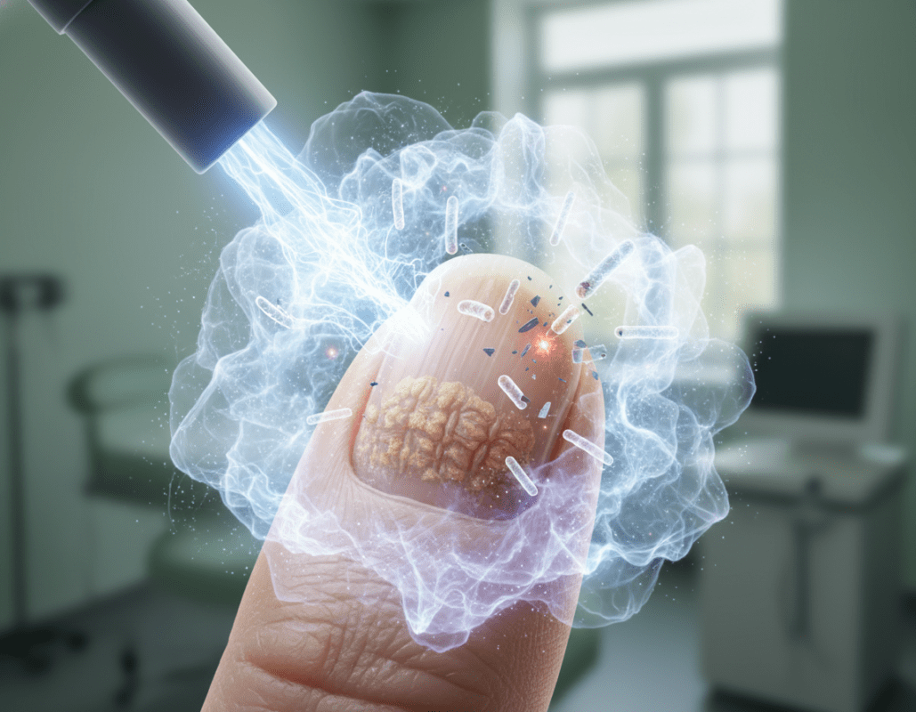 A scientific illustration depicting the mechanism of cold plasma therapy against nail fungus. In the foreground, visualize a close-up of a human fingernail, showing signs of fungal infection, with clear textures and detail. In the middle ground, an ethereal representation of cold plasma technology envelops the nail, characterized by glowing, ionized particles and a bluish-white light, suggesting a therapeutic process. The background features a serene, blurred clinic setting with soft, diffused lighting. The atmosphere is clean and clinical, emphasizing a sense of hope and healing. Use a high-resolution, macro lens perspective to capture intricate details, showcasing the dynamic interaction between the cold plasma and the infected nail. A scientific illustration depicting the mechanism of cold plasma therapy against nail fungus. In the foreground, visualize a close-up of a human fingernail, showing signs of fungal infection, with clear textures and detail. In the middle ground, an ethereal representation of cold plasma technology envelops the nail, characterized by glowing, ionized particles and a bluish-white light, suggesting a therapeutic process. The background features a serene, blurred clinic setting with soft, diffused lighting. The atmosphere is clean and clinical, emphasizing a sense of hope and healing. Use a high-resolution, macro lens perspective to capture intricate details, showcasing the dynamic interaction between the cold plasma and the infected nail.