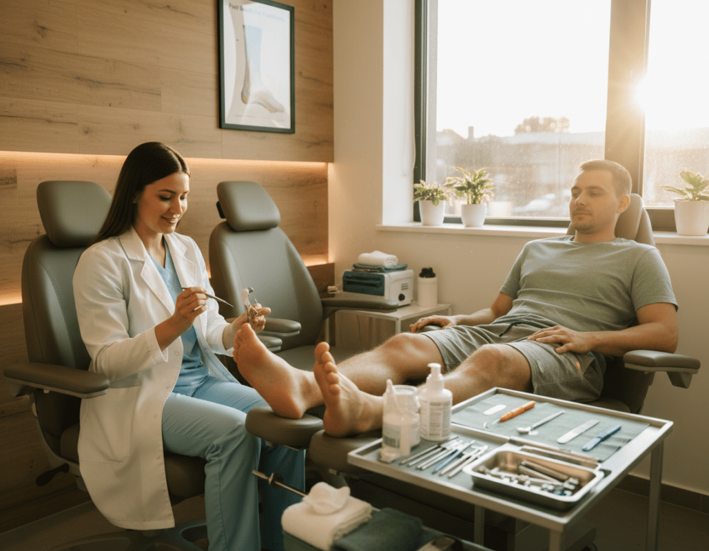 A serene and informative scene set in a modern podiatry clinic. In the foreground, a professional podiatrist in a white coat gently examines a patient's foot using specialized tools, both wearing modest casual clothing. In the middle ground, an inviting treatment area showcases clean, organized instruments and comfortable seating for patients. The background features calming, natural-toned decor with soft lighting that creates a welcoming atmosphere. A large window allows sunlight to filter in, adding warmth to the scene. The focus is on the attentive interaction between the clinician and the patient, illustrating the importance of preparation before foot treatment, evoking trust and professionalism. The mood is reassuring and focused on patient care. A serene and informative scene set in a modern podiatry clinic. In the foreground, a professional podiatrist in a white coat gently examines a patient's foot using specialized tools, both wearing modest casual clothing. In the middle ground, an inviting treatment area showcases clean, organized instruments and comfortable seating for patients. The background features calming, natural-toned decor with soft lighting that creates a welcoming atmosphere. A large window allows sunlight to filter in, adding warmth to the scene. The focus is on the attentive interaction between the clinician and the patient, illustrating the importance of preparation before foot treatment, evoking trust and professionalism. The mood is reassuring and focused on patient care.