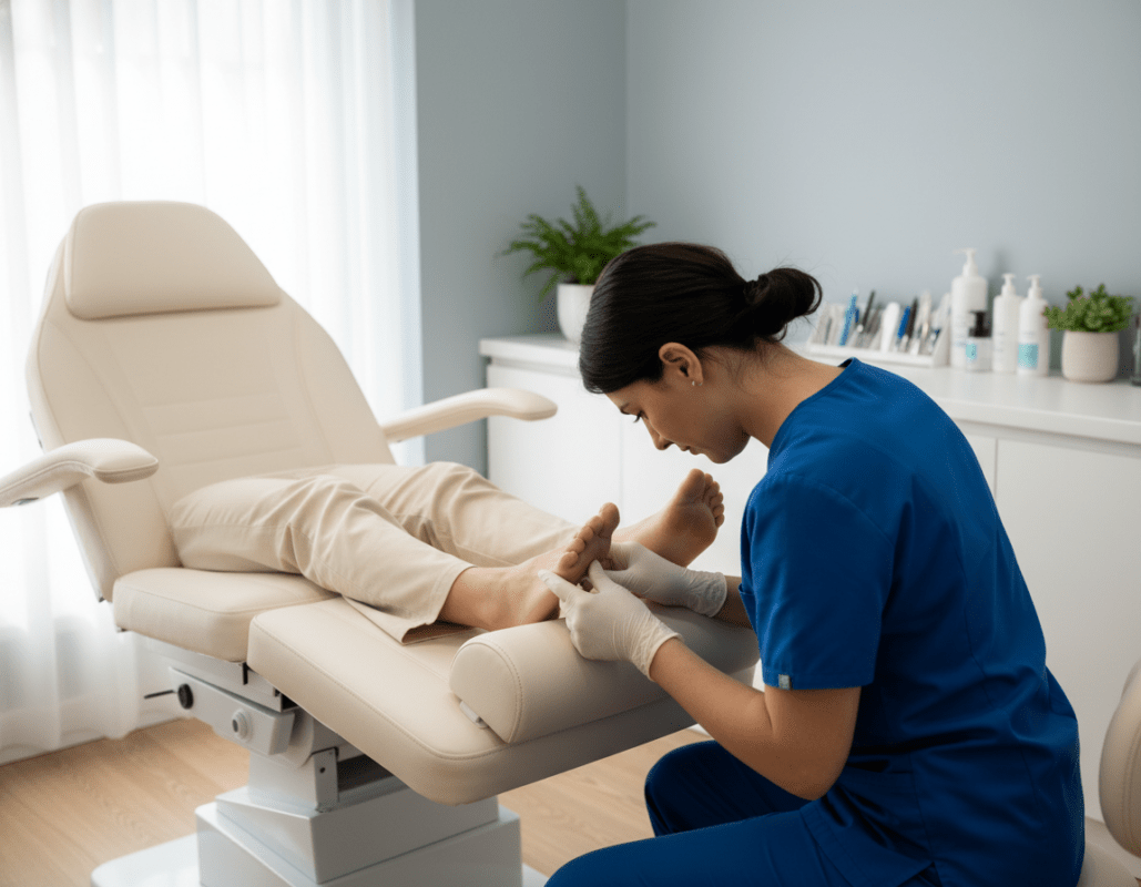 A serene and inviting medical foot care setting, featuring an experienced practitioner gently examining a patient’s foot in a bright and well-lit room. The foreground showcases the practitioner in professional attire, wearing gloves and focused on the foot care process, illustrating quality and trust. In the middle, a comfortable treatment chair is visible, designed for patient comfort, with soft, neutral colors emanating a calming atmosphere. The background includes neatly organized foot care instruments on a sterile work surface alongside potted plants that add a touch of greenery, enhancing tranquility. Soft, natural lighting streams in through a large window, casting a warm glow, creating a mood of professionalism and reassurance in a clinical yet comfortable space. A serene and inviting medical foot care setting, featuring an experienced practitioner gently examining a patient’s foot in a bright and well-lit room. The foreground showcases the practitioner in professional attire, wearing gloves and focused on the foot care process, illustrating quality and trust. In the middle, a comfortable treatment chair is visible, designed for patient comfort, with soft, neutral colors emanating a calming atmosphere. The background includes neatly organized foot care instruments on a sterile work surface alongside potted plants that add a touch of greenery, enhancing tranquility. Soft, natural lighting streams in through a large window, casting a warm glow, creating a mood of professionalism and reassurance in a clinical yet comfortable space.