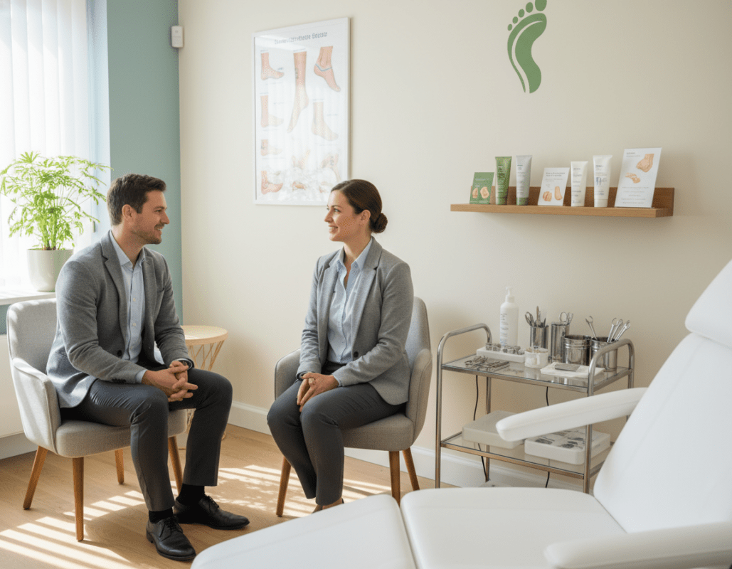 A serene and professional podiatry clinic interior, featuring a well-lit consultation area with a comfortable examination chair, neatly arranged medical instruments, and a display of foot care products on a shelf. In the foreground, a podiatrist in smart casual attire is discussing treatment options with a patient, who is seated and listening attentively, both appearing engaged in a thoughtful conversation. The middle of the scene showcases a chart on the wall depicting various foot conditions and treatment plans. Natural light filters in through a window, creating a warm and inviting atmosphere. The image is captured at a slight angle to add depth, emphasizing both the professionalism of the environment and the care being provided. A serene and professional podiatry clinic interior, featuring a well-lit consultation area with a comfortable examination chair, neatly arranged medical instruments, and a display of foot care products on a shelf. In the foreground, a podiatrist in smart casual attire is discussing treatment options with a patient, who is seated and listening attentively, both appearing engaged in a thoughtful conversation. The middle of the scene showcases a chart on the wall depicting various foot conditions and treatment plans. Natural light filters in through a window, creating a warm and inviting atmosphere. The image is captured at a slight angle to add depth, emphasizing both the professionalism of the environment and the care being provided.