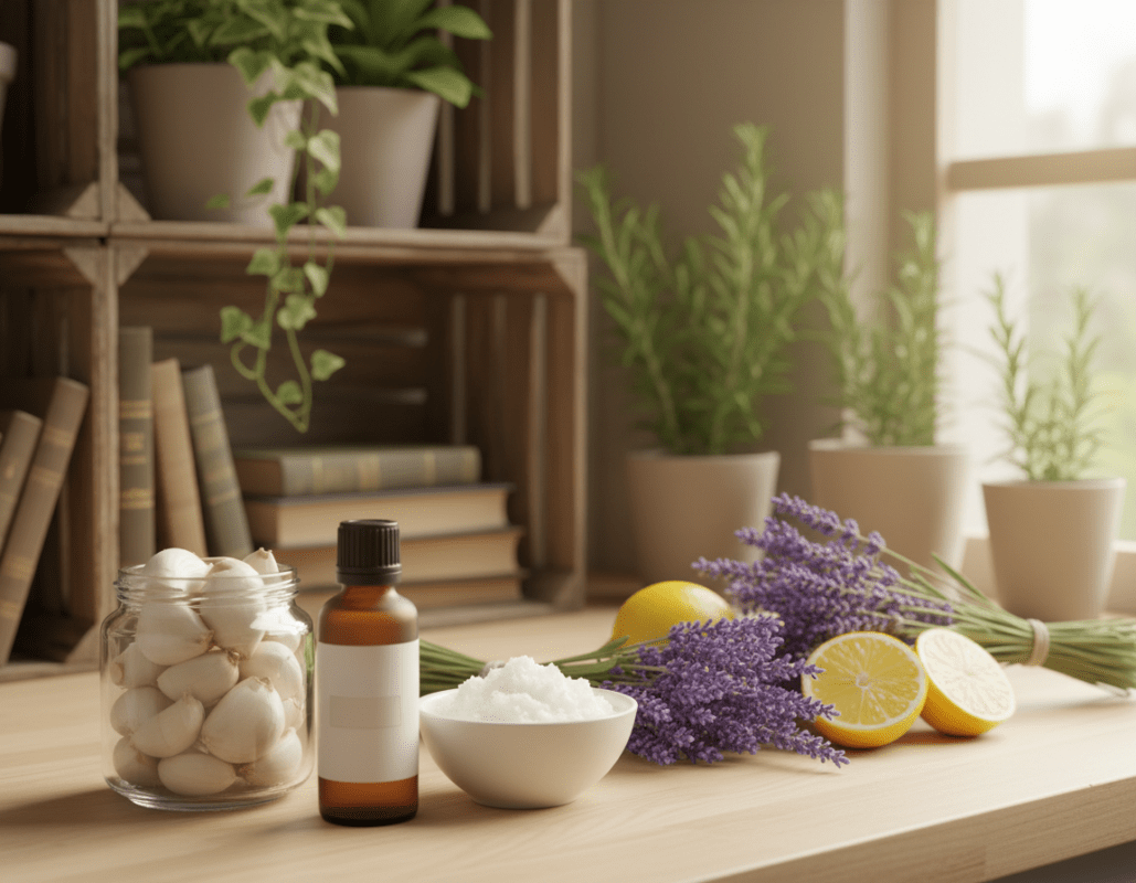 A soothing and inviting kitchen countertop scene showcasing an array of natural home remedies for nail fungus. In the foreground, include a small glass jar filled with garlic cloves, a bowl of coconut oil, and a bottle of tea tree oil, all arranged neatly. In the middle, display fresh lavender sprigs and slices of lemon for added visual interest. The background should be softly blurred, revealing wooden shelves with greenery and herbal books, creating a calming atmosphere. Use warm, natural lighting to evoke a sense of comfort and wellness, capturing the essence of home remedies. The angle should be slightly elevated to highlight the ingredients beautifully without any text or distractions. A soothing and inviting kitchen countertop scene showcasing an array of natural home remedies for nail fungus. In the foreground, include a small glass jar filled with garlic cloves, a bowl of coconut oil, and a bottle of tea tree oil, all arranged neatly. In the middle, display fresh lavender sprigs and slices of lemon for added visual interest. The background should be softly blurred, revealing wooden shelves with greenery and herbal books, creating a calming atmosphere. Use warm, natural lighting to evoke a sense of comfort and wellness, capturing the essence of home remedies. The angle should be slightly elevated to highlight the ingredients beautifully without any text or distractions.