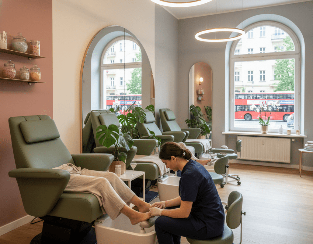A stylish and inviting regional pedicure salon in Berlin, showcasing a modern interior with comfortable pedicure chairs and soothing decor. In the foreground, a professional technician in modest attire gently working on a client’s feet, focusing on precision and care. The middle ground features a serene ambiance with plants, soft lighting, and calming color palettes that evoke relaxation. In the background, large windows reveal a glimpse of Berlin's urban scene, blending the beauty of the salon with city life outside. The image is well-lit with natural light flowing in, creating a warm and welcoming atmosphere, captured from a slightly elevated angle to provide a comprehensive view of the salon environment. A stylish and inviting regional pedicure salon in Berlin, showcasing a modern interior with comfortable pedicure chairs and soothing decor. In the foreground, a professional technician in modest attire gently working on a client’s feet, focusing on precision and care. The middle ground features a serene ambiance with plants, soft lighting, and calming color palettes that evoke relaxation. In the background, large windows reveal a glimpse of Berlin's urban scene, blending the beauty of the salon with city life outside. The image is well-lit with natural light flowing in, creating a warm and welcoming atmosphere, captured from a slightly elevated angle to provide a comprehensive view of the salon environment.