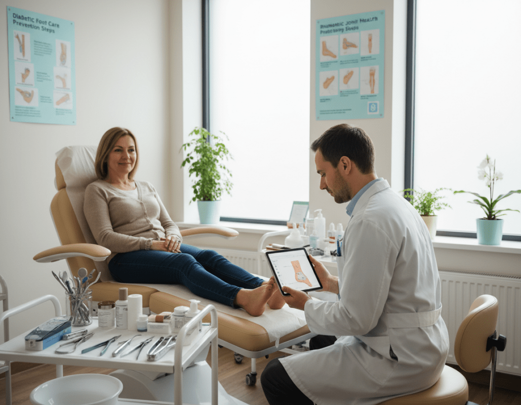 A warm and inviting clinic setting focused on the treatment of risk patients such as diabetics and rheumatics. In the foreground, a healthcare professional, dressed in a crisp white lab coat, is gently examining a patient's foot with a digital tablet in hand, showcasing attentive care. The middle ground features an array of medical tools and a comfortable treatment chair, emphasizing a professional yet welcoming atmosphere. In the background, soft, diffused lighting spills into the room, highlighting wall charts about foot care for high-risk individuals. The scene conveys a sense of compassion and expertise, representing a preventive approach in podiatry that fosters a feeling of safety and trust. The angle captures the interaction and details of the clinical environment effectively. A warm and inviting clinic setting focused on the treatment of risk patients such as diabetics and rheumatics. In the foreground, a healthcare professional, dressed in a crisp white lab coat, is gently examining a patient's foot with a digital tablet in hand, showcasing attentive care. The middle ground features an array of medical tools and a comfortable treatment chair, emphasizing a professional yet welcoming atmosphere. In the background, soft, diffused lighting spills into the room, highlighting wall charts about foot care for high-risk individuals. The scene conveys a sense of compassion and expertise, representing a preventive approach in podiatry that fosters a feeling of safety and trust. The angle captures the interaction and details of the clinical environment effectively.