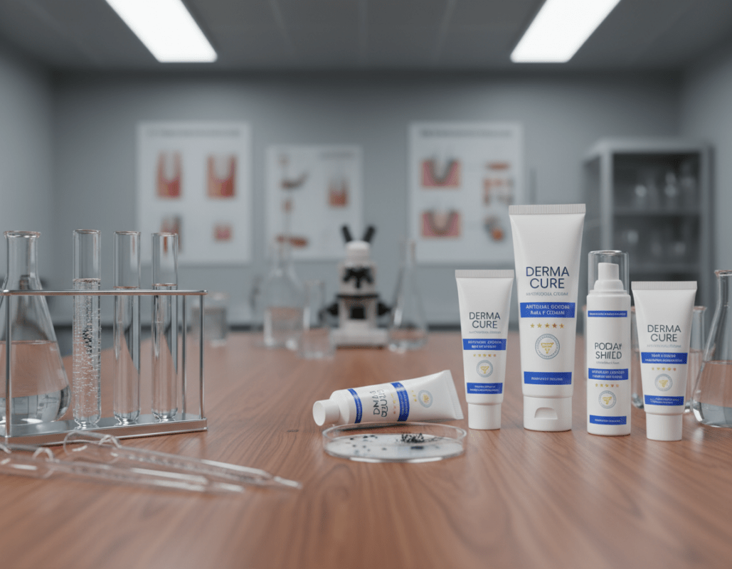 A well-lit laboratory setting showcasing various antifungal nail treatment products, elegantly arranged on a polished wooden table. In the foreground, highlight a few test tubes, pipettes, and a small petri dish demonstrating the effectiveness against nail fungus. In the middle, feature popular antifungal creams and sprays with labels facing the viewer, emphasizing their status as top-rated products. The background includes blurred lab equipment and clinical posters detailing nail fungus diagnostics, softly illuminated by overhead laboratory lights. The mood is professional and informative, conveying trust and competence. Use a shallow depth of field to focus attention on the products while keeping the laboratory ambiance intact. A well-lit laboratory setting showcasing various antifungal nail treatment products, elegantly arranged on a polished wooden table. In the foreground, highlight a few test tubes, pipettes, and a small petri dish demonstrating the effectiveness against nail fungus. In the middle, feature popular antifungal creams and sprays with labels facing the viewer, emphasizing their status as top-rated products. The background includes blurred lab equipment and clinical posters detailing nail fungus diagnostics, softly illuminated by overhead laboratory lights. The mood is professional and informative, conveying trust and competence. Use a shallow depth of field to focus attention on the products while keeping the laboratory ambiance intact.