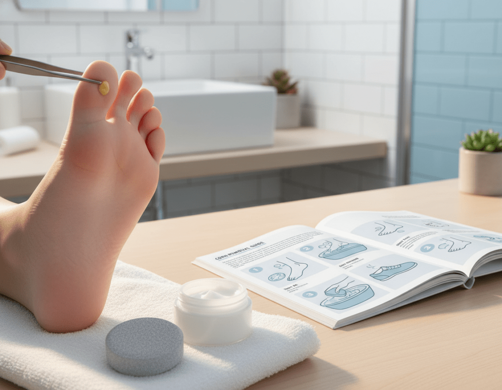 A clear and informative step-by-step guide on removing corns from the sole of the foot. In the foreground, a close-up view shows a person’s foot with a visible corn, gently treated using a pair of medical tweezers, surrounded by tools like a pumice stone, and a soothing cream. In the middle ground, a clean, organized workspace displays an open booklet with illustrated instructions on proper techniques for corn removal, with subtle hints of soft lighting enhancing the instructional feel. The background features a calming, neutral-toned bathroom setting with minimalistic décor, conveying a sense of cleanliness and care. The overall mood is practical and educational, aiming to inform while ensuring a safe, professional presentation. A clear and informative step-by-step guide on removing corns from the sole of the foot. In the foreground, a close-up view shows a person’s foot with a visible corn, gently treated using a pair of medical tweezers, surrounded by tools like a pumice stone, and a soothing cream. In the middle ground, a clean, organized workspace displays an open booklet with illustrated instructions on proper techniques for corn removal, with subtle hints of soft lighting enhancing the instructional feel. The background features a calming, neutral-toned bathroom setting with minimalistic décor, conveying a sense of cleanliness and care. The overall mood is practical and educational, aiming to inform while ensuring a safe, professional presentation.