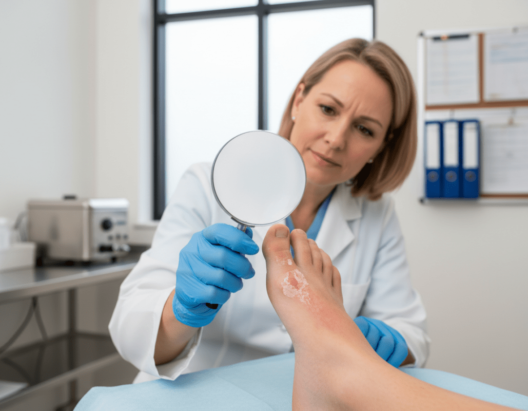 A clinical setting focused on "medical treatment options for athlete's foot" featuring a close-up of a medical professional examining a patient's foot. The foreground showcases the foot with visible fungal infection signs, such as redness and peeling skin between the toes. The middle ground includes the doctor, dressed in a white coat and gloves, using a magnifying glass to inspect the area, exuding a sense of professionalism and care. The background reveals a clean, well-lit clinic with sterilization tools and medical charts on the walls, creating a calm and sterile atmosphere. Soft, natural lighting enhances the scene, highlighting the details of the foot and the doctor's focused expression. A shallow depth of field brings the viewer's attention to the examination, emphasizing the seriousness of medical intervention for this condition. A clinical setting focused on "medical treatment options for athlete's foot" featuring a close-up of a medical professional examining a patient's foot. The foreground showcases the foot with visible fungal infection signs, such as redness and peeling skin between the toes. The middle ground includes the doctor, dressed in a white coat and gloves, using a magnifying glass to inspect the area, exuding a sense of professionalism and care. The background reveals a clean, well-lit clinic with sterilization tools and medical charts on the walls, creating a calm and sterile atmosphere. Soft, natural lighting enhances the scene, highlighting the details of the foot and the doctor's focused expression. A shallow depth of field brings the viewer's attention to the examination, emphasizing the seriousness of medical intervention for this condition.