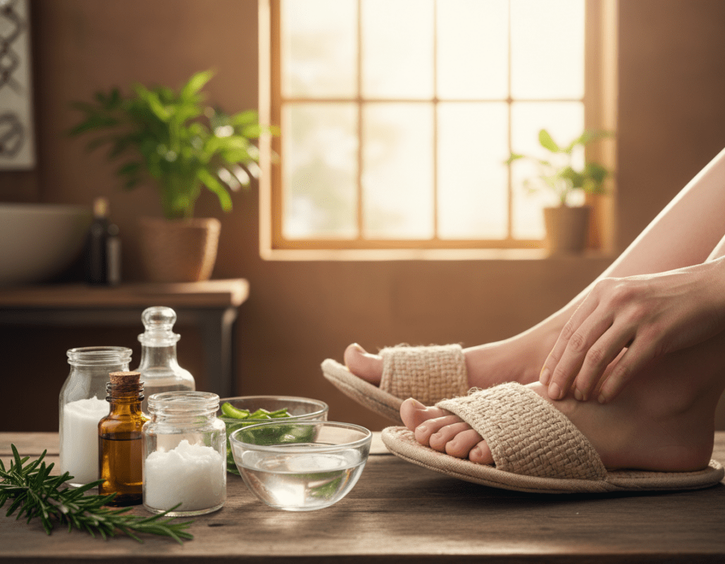 A close-up scene capturing an array of natural home remedies for athlete's foot. In the foreground, a wooden table displays a variety of ingredients: coconut oil, tea tree oil, vinegar, and aloe vera in small glass jars and bowls, with a fresh sprig of rosemary beside them. In the middle ground, a pair of carefully positioned feet wearing soft, modest slippers rest on the table, showcasing how to apply the remedies. The background features a softly lit bathroom, with hints of leafy plants and warm, inviting colors. Natural light filters through a large window, creating a calm and soothing atmosphere, emphasizing the practicality of using these home remedies for foot care. The image conveys a sense of hope and healing. A close-up scene capturing an array of natural home remedies for athlete's foot. In the foreground, a wooden table displays a variety of ingredients: coconut oil, tea tree oil, vinegar, and aloe vera in small glass jars and bowls, with a fresh sprig of rosemary beside them. In the middle ground, a pair of carefully positioned feet wearing soft, modest slippers rest on the table, showcasing how to apply the remedies. The background features a softly lit bathroom, with hints of leafy plants and warm, inviting colors. Natural light filters through a large window, creating a calm and soothing atmosphere, emphasizing the practicality of using these home remedies for foot care. The image conveys a sense of hope and healing.