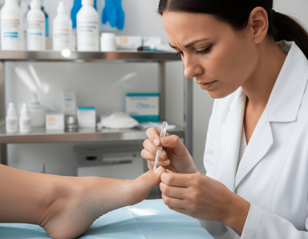 A close-up view of a well-lit professional environment, showcasing a healthcare practitioner applying a topical treatment for toenail fungus on a patient's foot. The practitioner, dressed in a clean white lab coat, displays a focused and caring expression while using precise hand movements. In the background, medical supplies are neatly organized on a shelf, with subtle reflections of light enhancing the clinical atmosphere. Soft, natural lighting illuminates the scene, highlighting the skin tones and textures while casting gentle shadows to create depth. The angle is slightly above eye level, providing a clear view of the treatment process while maintaining a sense of professionalism and approachability. The mood is calm and reassuring, emphasizing the importance of effective nail fungus treatment. A close-up view of a well-lit professional environment, showcasing a healthcare practitioner applying a topical treatment for toenail fungus on a patient's foot. The practitioner, dressed in a clean white lab coat, displays a focused and caring expression while using precise hand movements. In the background, medical supplies are neatly organized on a shelf, with subtle reflections of light enhancing the clinical atmosphere. Soft, natural lighting illuminates the scene, highlighting the skin tones and textures while casting gentle shadows to create depth. The angle is slightly above eye level, providing a clear view of the treatment process while maintaining a sense of professionalism and approachability. The mood is calm and reassuring, emphasizing the importance of effective nail fungus treatment.