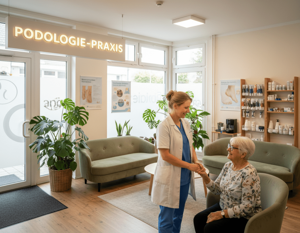 A cozy and inviting regional podiatry clinic in Germany, showcasing a welcoming front entrance with a bright sign that reads "Podologie-Praxis". In the foreground, a friendly podiatrist in professional attire interacts with an elderly patient, both smiling to convey warmth and care. In the middle, comfortable waiting room chairs and potted plants add to the atmosphere of accessibility. The background features orderly shelves with podiatry tools and informative posters about foot health. Soft, natural lighting pours in through large windows, creating an inviting ambiance. The scene reflects a sense of community and compassion, emphasizing the importance of local podiatry services for seniors. A cozy and inviting regional podiatry clinic in Germany, showcasing a welcoming front entrance with a bright sign that reads "Podologie-Praxis". In the foreground, a friendly podiatrist in professional attire interacts with an elderly patient, both smiling to convey warmth and care. In the middle, comfortable waiting room chairs and potted plants add to the atmosphere of accessibility. The background features orderly shelves with podiatry tools and informative posters about foot health. Soft, natural lighting pours in through large windows, creating an inviting ambiance. The scene reflects a sense of community and compassion, emphasizing the importance of local podiatry services for seniors.