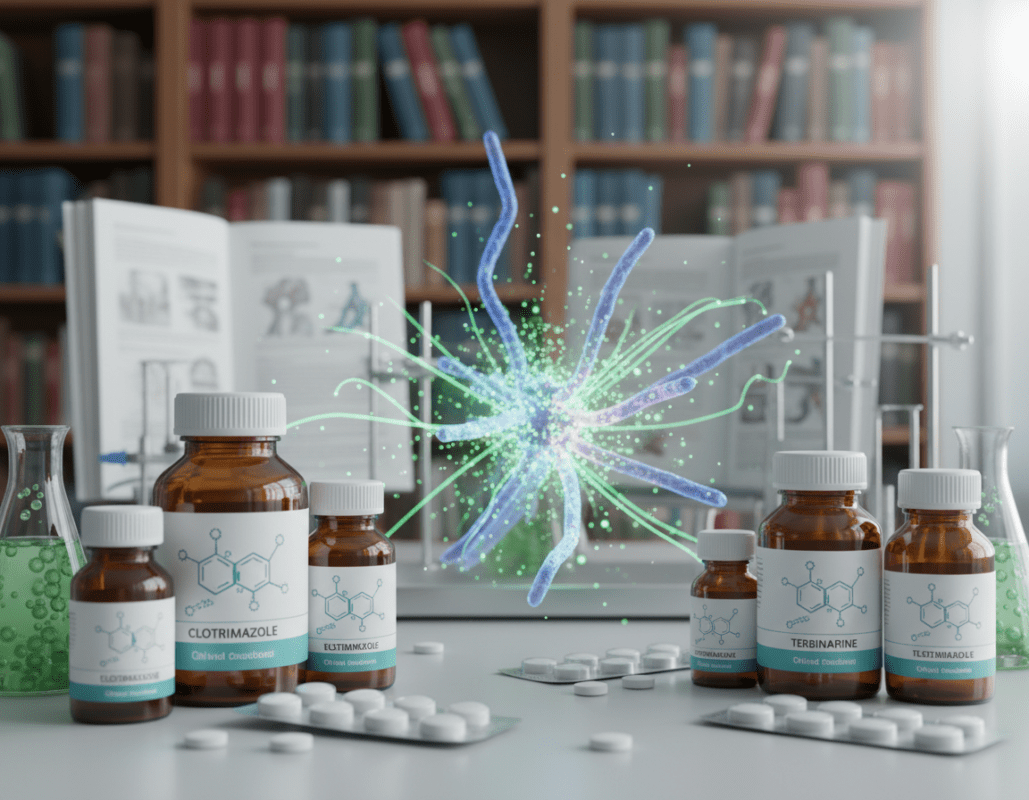 A detailed composition focusing on antifungal medications represented through various key active ingredients. In the foreground, display an assortment of medicine bottles and tablets labeled with chemical structures of antifungal agents like clotrimazole and terbinafine. In the middle ground, arrange a vibrant green and clinical environment with an abstract representation of fungi being eradicated. The background should feature softly blurred shelves filled with medical books and research journals, implying a scholarly atmosphere. Utilize bright, clean lighting to evoke a sense of hope and healing, with a slight focus on the medicine bottles to draw attention. The overall mood should feel informative and professional, suitable for a clinical setting. No text or symbols should be present in the image. A detailed composition focusing on antifungal medications represented through various key active ingredients. In the foreground, display an assortment of medicine bottles and tablets labeled with chemical structures of antifungal agents like clotrimazole and terbinafine. In the middle ground, arrange a vibrant green and clinical environment with an abstract representation of fungi being eradicated. The background should feature softly blurred shelves filled with medical books and research journals, implying a scholarly atmosphere. Utilize bright, clean lighting to evoke a sense of hope and healing, with a slight focus on the medicine bottles to draw attention. The overall mood should feel informative and professional, suitable for a clinical setting. No text or symbols should be present in the image.