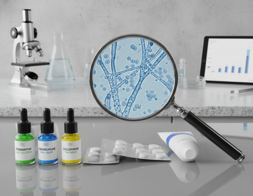 A scientific layout showcasing a comparison of antifungal treatments for nail fungus. In the foreground, display an array of products: bottles of nail polish, tablets, and creams, neatly arranged on a reflective surface to show their labels clearly. In the middle ground, incorporate visual elements like a magnifying glass over a microscopic image of fungal spores, emphasizing the challenge of treatment. In the background, softly blurred, include a neutral-toned countertop with a laboratory setting, hinting at research and analysis. Use bright, even lighting to ensure clarity and detail, with a slight focus on the products. The atmosphere should convey professionalism and scientific rigor, inviting readers to explore effective treatment options. A scientific layout showcasing a comparison of antifungal treatments for nail fungus. In the foreground, display an array of products: bottles of nail polish, tablets, and creams, neatly arranged on a reflective surface to show their labels clearly. In the middle ground, incorporate visual elements like a magnifying glass over a microscopic image of fungal spores, emphasizing the challenge of treatment. In the background, softly blurred, include a neutral-toned countertop with a laboratory setting, hinting at research and analysis. Use bright, even lighting to ensure clarity and detail, with a slight focus on the products. The atmosphere should convey professionalism and scientific rigor, inviting readers to explore effective treatment options.
