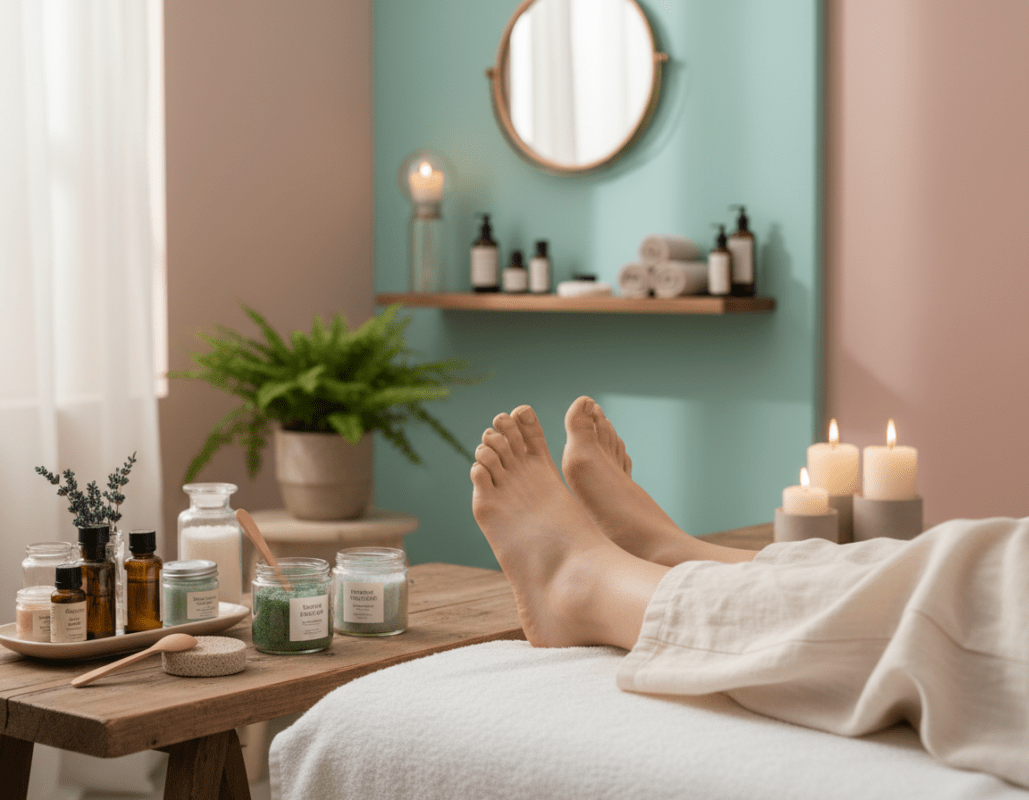 A serene and inviting home treatment space dedicated to DIY foot care. In the foreground, a wooden table is neatly arranged with natural foot care products—bottles of essential oils, foot scrubs, and a pumice stone. A pair of well-groomed feet, in modest casual attire, are resting on a soft towel, reflecting a feeling of relaxation. In the middle ground, a potted plant and candles add warmth, creating a tranquil atmosphere. The background features a softly lit bathroom with pastel hues, maybe a small mirror and shelves neatly displaying more foot care items. Soft, diffused lighting enhances the cozy mood, simulating a welcoming spa-like experience at home. A serene and inviting home treatment space dedicated to DIY foot care. In the foreground, a wooden table is neatly arranged with natural foot care products—bottles of essential oils, foot scrubs, and a pumice stone. A pair of well-groomed feet, in modest casual attire, are resting on a soft towel, reflecting a feeling of relaxation. In the middle ground, a potted plant and candles add warmth, creating a tranquil atmosphere. The background features a softly lit bathroom with pastel hues, maybe a small mirror and shelves neatly displaying more foot care items. Soft, diffused lighting enhances the cozy mood, simulating a welcoming spa-like experience at home.