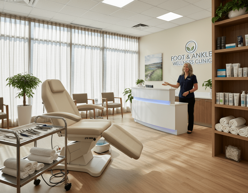 A serene and inviting podiatry practice interior, showcasing high-quality features. In the foreground, a well-organized treatment area with a comfortable examination chair, neatly arranged medical instruments, and fresh towels. The middle ground reveals a clean reception desk with a friendly staff member in professional attire, warmly welcoming patients. The background includes calming decor with soft, natural lighting filtering through large windows, casting gentle shadows. A well-stocked shelf of foot care products adds a touch of professionalism. The atmosphere is soothing and trust-inspiring, perfect for seniors seeking care. The overall look emphasizes cleanliness, comfort, and accessibility, capturing the essence of a reliable podiatry practice. A serene and inviting podiatry practice interior, showcasing high-quality features. In the foreground, a well-organized treatment area with a comfortable examination chair, neatly arranged medical instruments, and fresh towels. The middle ground reveals a clean reception desk with a friendly staff member in professional attire, warmly welcoming patients. The background includes calming decor with soft, natural lighting filtering through large windows, casting gentle shadows. A well-stocked shelf of foot care products adds a touch of professionalism. The atmosphere is soothing and trust-inspiring, perfect for seniors seeking care. The overall look emphasizes cleanliness, comfort, and accessibility, capturing the essence of a reliable podiatry practice.