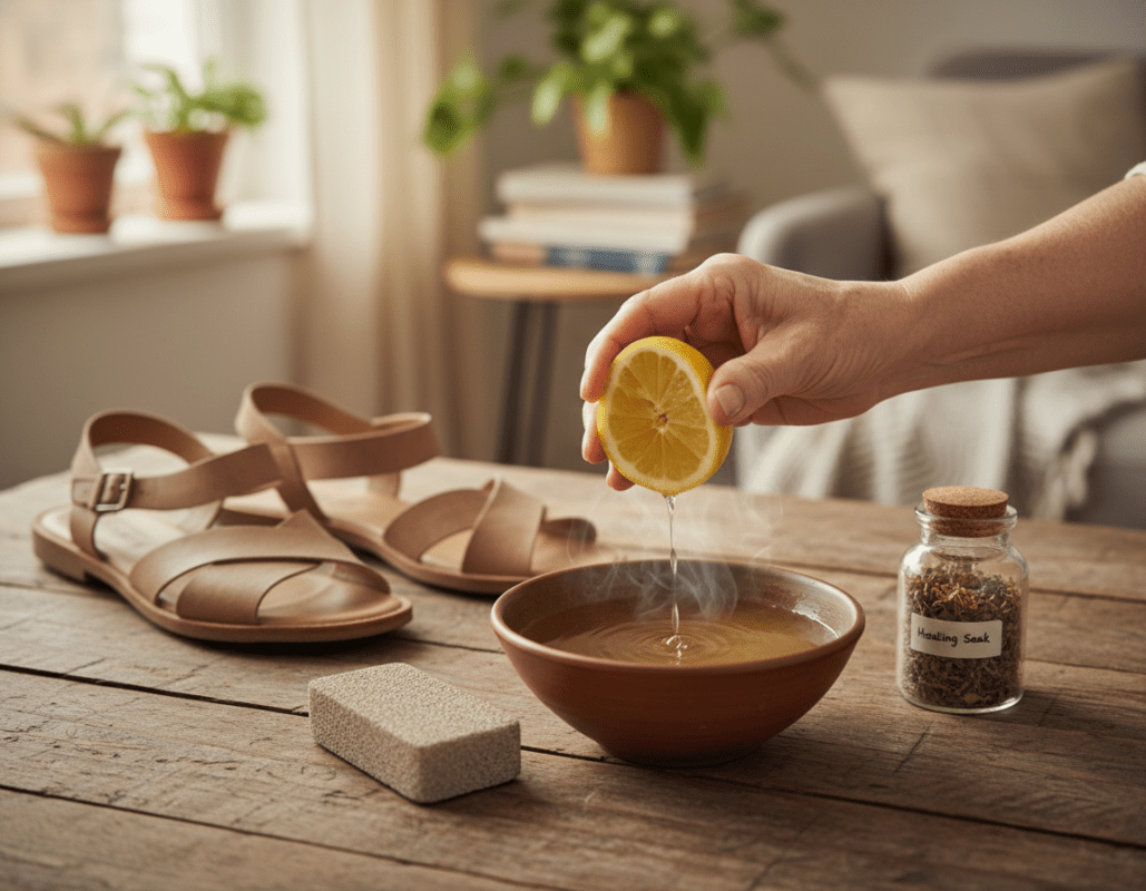 A soothing home remedy setup for corns on the foot, featuring essential ingredients like a small bowl of warm water, a slice of lemon, and a natural pumice stone, placed on a rustic wooden table. In the foreground, there’s a gently aged hand preparing the remedies, reflecting care and attention. In the middle ground, a pair of comfortable, modest sandals are casually positioned, symbolizing relief from foot pain. The background softly blurs into a cozy, well-lit room with soft, natural lighting, creating a calm and inviting atmosphere. Capture the scene from a slightly elevated angle, focusing on the details of the remedies and the soft textures, evoking a sense of tranquility and healing. A soothing home remedy setup for corns on the foot, featuring essential ingredients like a small bowl of warm water, a slice of lemon, and a natural pumice stone, placed on a rustic wooden table. In the foreground, there’s a gently aged hand preparing the remedies, reflecting care and attention. In the middle ground, a pair of comfortable, modest sandals are casually positioned, symbolizing relief from foot pain. The background softly blurs into a cozy, well-lit room with soft, natural lighting, creating a calm and inviting atmosphere. Capture the scene from a slightly elevated angle, focusing on the details of the remedies and the soft textures, evoking a sense of tranquility and healing.